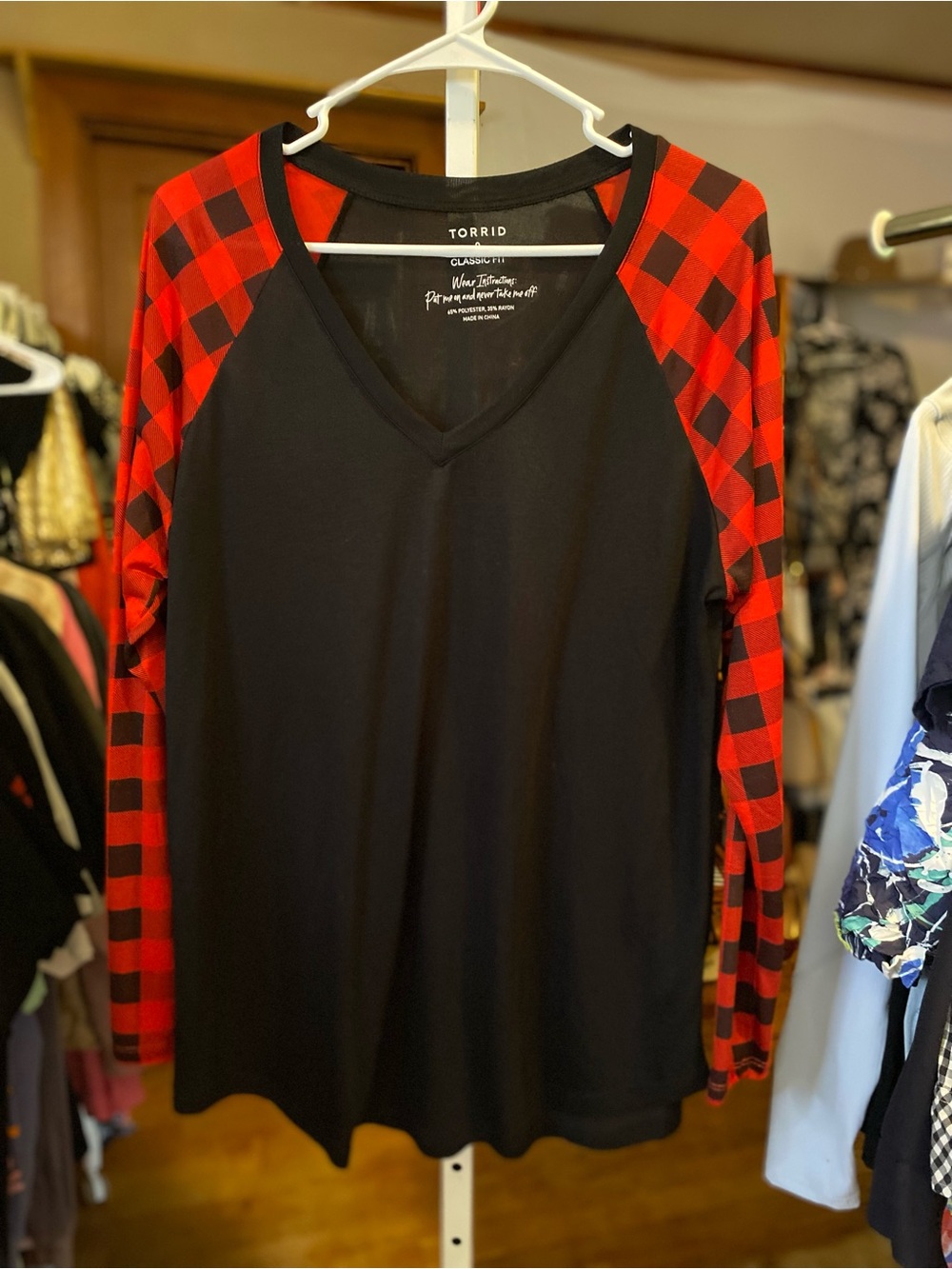 torrid Black V-Neck Top with Red Buffalo Plaid Raglan Sleeves